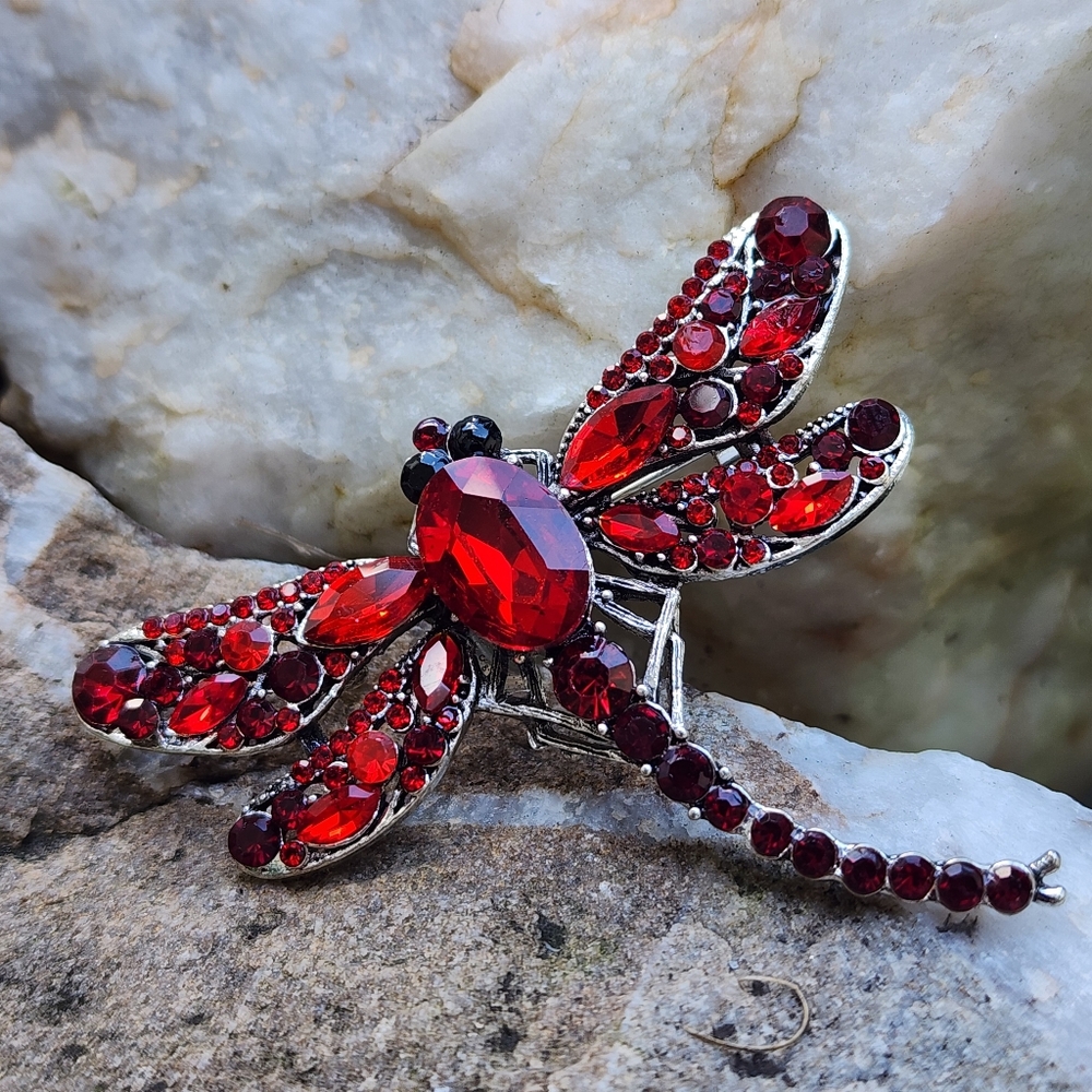 Large Dragonfly Silver Brooch Pendant Bright Red Crystals